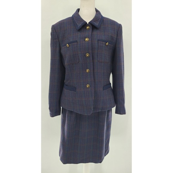 Kasper Dresses & Skirts - Kasper ASL Tweed Navy Skirt Suit Set 12 Petite Wool Vtg Career Dark Academia